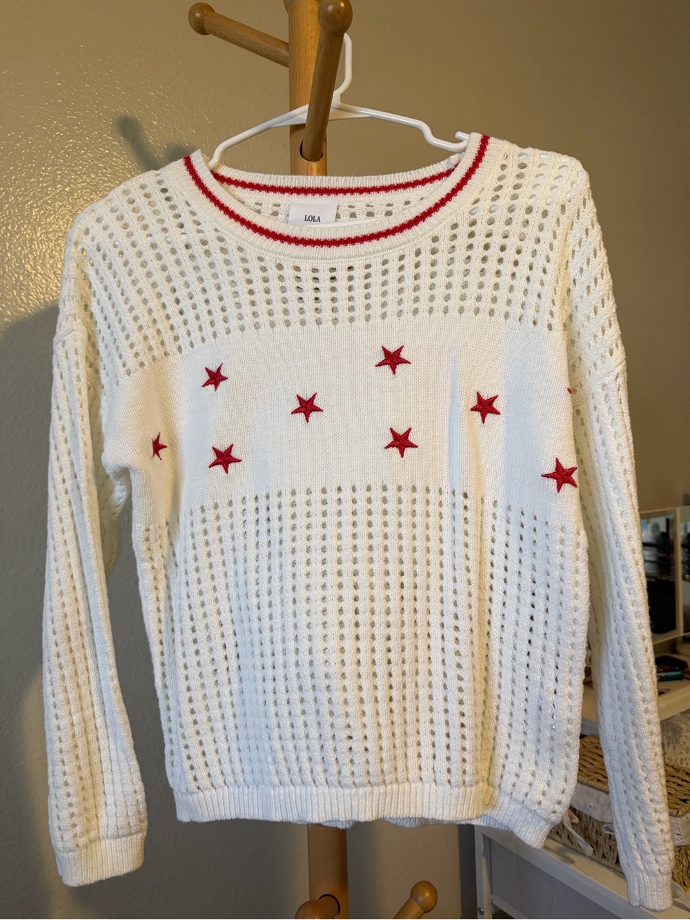 lola Cream Open-Weave Sweater with Red Star Detail